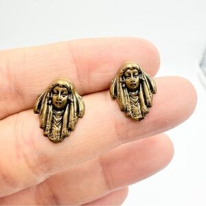 Vintage Brass Art Deco Face Earrings Egyptian-Inspired Earrings